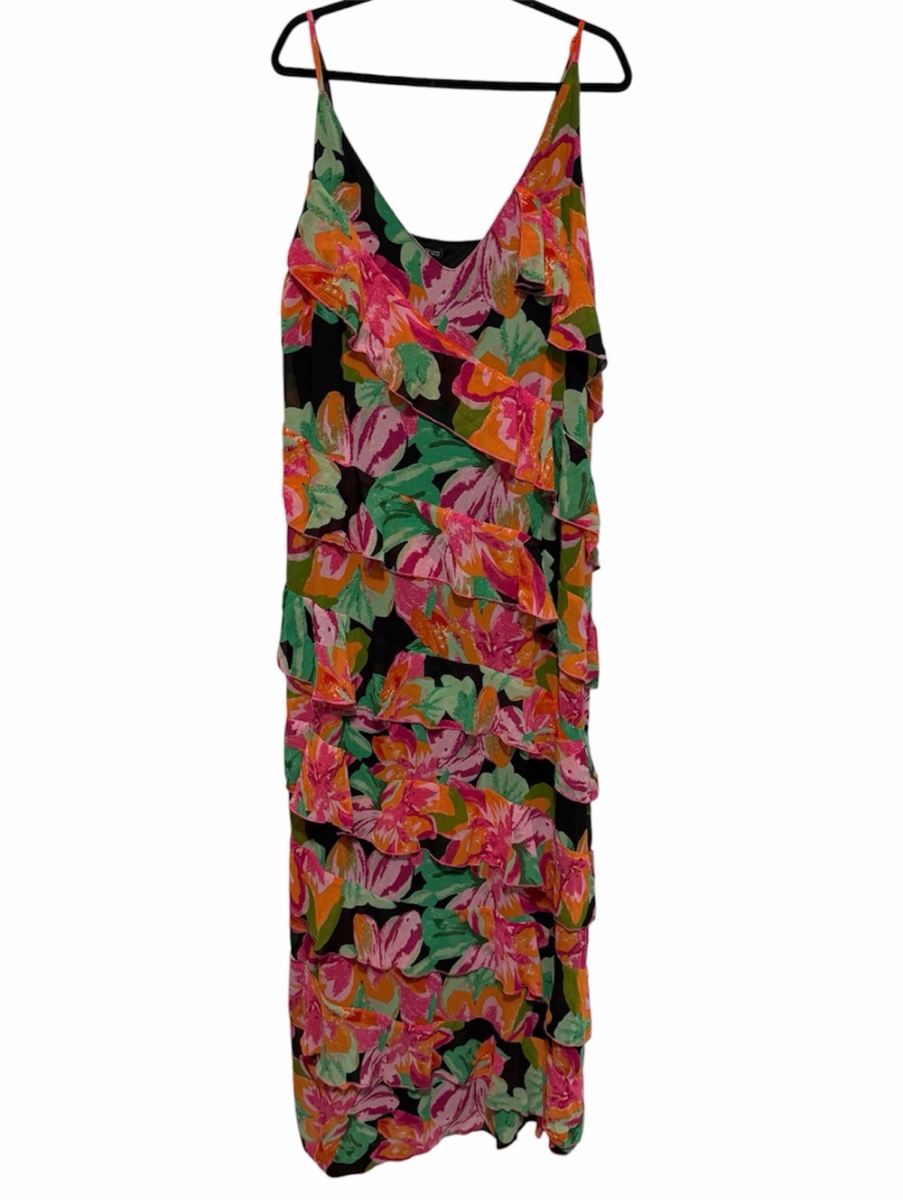 Boohoo Black Floral Maxi Dress with Pink, Green & Orange Ruffle Layers size 18